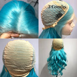 Yeknu  13X4 Light Blue Long Synthetic Lace Front Wig Natural Body Wave Sky Blue Colored Hair Lace Frontal Wigs for Women Party Cosplay