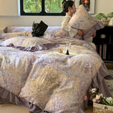 Yeknu Nordic Bedding Sets 100% Cotton Floral Flat Bed Sheet Set 2 Pillowcases Skin-Friendly Queen King Double Size Bed Linen Set