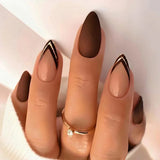 Yeknu 24Pcs Mid-length False Nails with Almond Head Design Brown Gold Lines Fake Nails Oval Wearable French Press on Nail Tips