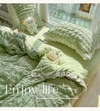 Yeknu Korean Princess  Bedding Set Duvet Cover Ins Style Wash Cotton Solid Color Summer Soft Bed Sheet Set Comforter Set Quilt Cover