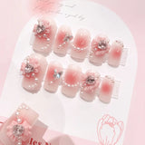 Yeknu  Gradient Blue Fake Nails with Flower Crystal Design Glitter Fake Nails for Lady Girls Christmas Gifts Artificial Nails Handmade