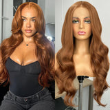 Yeknu  Ginger Brown Long Body Wave Synthetic Middle Part Natural Curly Loose Wavy Reddish Brown Heat Resistant Fiber Wigs for Women