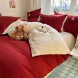 Yeknu Solid Colour embroidery Bedding Set For adults kids Ankela Red Red Flat Sheet With Pillowcases Colorful King Queen Full size
