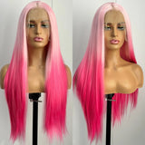 Yeknu  Long Silky Straight Pink Ombre Wig Synthetic Middle Part Highlight Pink Colored Heat Resistant Fiber Wigs for Women Daily Party