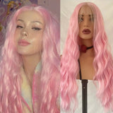 Yeknu  Pastel Pink Wig Long Curly Synthetic Hair Lace Front Wig Natural Wavy Colored Frontal 13X4 Lace Front Wigs for Women Cosplay