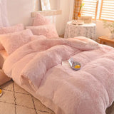 Yeknu  Winter Warm Long Plush Pink Bedding Set Queen Mink Velvet Double Duvet Cover Set with Fitted Sheet Warmth Quilt Covers