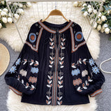 Yeknu  Bohemian Heavy Embroidery Shirt Round Neck Tie Lantern Sleeve Top Female Spring And Autumn New Loose Casual Beach Top Blusas