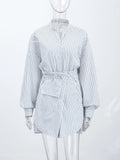 Yeknu  Casual Striped Women's Shirt Single-Breasted Long Sleeve Stand Collar Pocket Lace Up Lady Blouse Summer Autumn Female Tops
