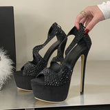 Yeknu  Diamond Peep Toe Sandals Woman Stiletto High Heels Zipper Shoes Sexy Nightclub Striptease Pumps