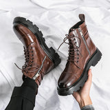Yeknu - Fashion Martin Boots Luxury Motorcycle Boots Men Lace-up Ankle Boots High-Top Leisure Boots Winter Thick Bottom Boots Street