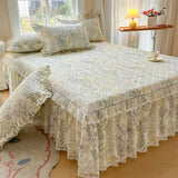 Yeknu  100%Cotton King Queen Bed Skirt Ruffle Cotton Quilted 18Inch Bed Skirt Thick Quilted Bed Cover Dustproof Bed Skirts 2Pillowcases