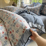 Yeknu  4-pcs Set with Linen Touch, Pure Polyester Material Ruffled Romantic Bow Design Girl Woman Bedroom Bedding Set Colored Flowers
