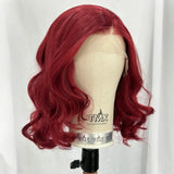 Yeknu  Burgundy Short Curly Wavy Silver Bob Wig Synthetic Hair Side Part Shoulder Length Body Wave Dark Red 13X4 Frontal Wigs for Women
