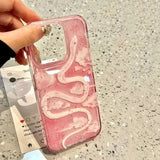 Yeknu  Oil Painting Cloud Pink Snake Phone Case For iPhone 16 15 14 Pro Max 13 12 11 XS X XR 7 8 Plus 16 SE Shockproof Clear Cover