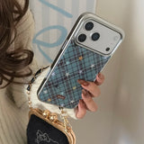Yeknu  Blue Brown Diamond Plaid Grid Star Phone Case For iPhone 17 16 15 14 Pro Max 13 Case Luxury Silver Edge Protective Back Cover