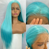 Yeknu  Long Blue Lace Front Wig Silky Straight Synthetic Hair Free Part Light Blue Kinky Straight 13X4 Frontal Colored Wigs for Women