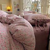 Yeknu  Small flower bow four piece set, soft and skin friendly cotton linen double bed duvet set, dormitory three piece set