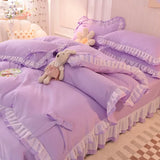 Yeknu Girls Bedding Sets Kawaii Seersucker Bed Sheet Pillowcase Fashion Princess Duvet Cover Solid Color 4 Pieces Cute Home Decoration
