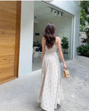 Yeknu  Sleeveless Suspender Bohemian Printed Dresses Women New Lace Stitching Lace Waist Back Midi Dress Beach Female Vestidos