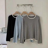 Yeknu  100% Cotton Women O-neck Color Blocking Long Sleeved Shirt Spring and Autumn Loose Fashionable Knitted Long Sleeves High Quality