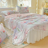 Yeknu  Sweet Floral printed Cool Summer blanket Lace and Ruffle Quilt for Home Skin-Friendly breathable air conditioner Comforters