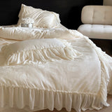 Yeknu  European Floral Jacquard Bedding Set, High end Premium Cotton Duvet Cover Set,Lace Edge Cream Color Quilt Set for Girls' Bedding