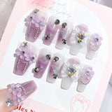 Yeknu  Gradient Blue Fake Nails with Flower Crystal Design Glitter Fake Nails for Lady Girls Christmas Gifts Artificial Nails Handmade
