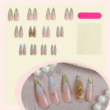 Yeknu  24PCS 3D Gold Leaf Press on Nails European and American Fake Nail Long Pointed Full Coverage Nail Tips for Women&Girl False Nail