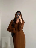 Knitted Autumn Winter V-Neck Dress Women Korean Style Loose Fashion Split Ladies Dresses Casual Woman Long Dress