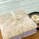 Yeknu Ins floral print Bedding set knitted cotton Flat sheet set Four pieces duvet cover double layer-yarn 4Pcs Cute Fitted sheet
