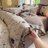 Yeknu  4-pcs Set with Linen Touch, Pure Polyester Material Ruffled Romantic Bow Design Girl Woman Bedroom Bedding Set Colored Flowers