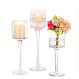 Yeknu  Set of 3 Glass Tall Tea Light Candle Holders, Elegant Clear Long Stem Pillar Candle Holders for Wedding, Party, Home Decor