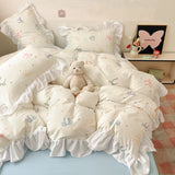 Yeknu  New Yunsoft Cotton Korean INS Age Reduction Lace Cartoon Four-Piece Set Quilt Cover Set Girls Bedding Set
