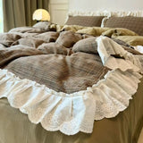 Yeknu  Korean-Style Red Plaid Washed Bedding Set - Vintage Lace Trim 4-Piece/3-Piece Dorm Sheet & Duvet Cover Set
