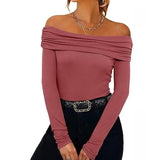 Yeknu  Women Clothing Sexy Off-shoulder Slim-fitting Long-sleeved T-shirts Autumu Winter Europe America Solid Off Shoulder Top Tees