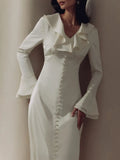 Yeknu Ruffle V Neck Elegant Dress For Women Slim Long Sleeve High Waist Temperament Dresses Femme Party Slit Long Dress Woman