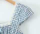 Yeknu  New Retro Plaid Midi Dress Spliced Lace Drawstring Square Neck Elegant Dresses Women Short Sleeve Slim Fit Summer Dress