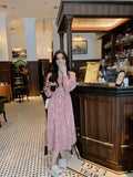Yeknu  Spring Flower Floral Print Long Dress Women Pink Fashion Sweet Long Sleeve Ladies Dresses Loose Woman Dress