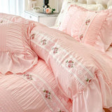 Yeknu French Romantic Lace Bubble Gauze Bedding Set Queen Elegant Princess Style Embroidered Duvet Cover Set Ruffled Quilt Cover Sets