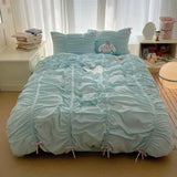 Yeknu  Solid Color Pleated Textured Soft Breathable Chic Princess 4pcs Bedding Set, Delicate Bows Twin Duvet cover Bed sheet Pillowcase