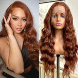 Yeknu  Brown Wig Long Curly Wavy Synthetic Middle Part Loose Deep Wave Auburn Colored 13X4 Frontal Wigs for Women Daily Party