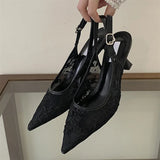 Yeknu  New Design Embroidery Breathable Mesh Pointed Toe Women Pumps Elegant Slingbacks Thin Heels Buckle Strap Shoes