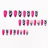 Yeknu  24Pcs Hot Pink Cherry Press On Nails Almond Fake Nails Black White Checkerboard Design Reusable Full Cover Artificial Nail Tips