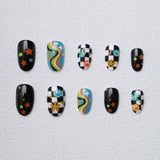Yeknu  24pcs Almond Press On Nails Y2K Retro Checkerboard Fake Nail Face Flower Star False Nail Colorful Swirl Groovy Nail for Women