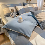 Yeknu  European Bedding Set with Checkered Print Comfortable Breathable Fitted Sheet Duvet Cover Pillowcase Single Queen Size Bed Linen
