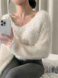Yeknu  Autumn Winter Pullover Furry Sweater Tops Women V-Neck Korean Modis Ladies Cropped Sweaters Long Sleeve Loose Woman Sweater
