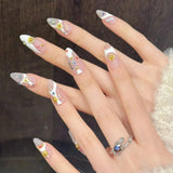 Yeknu  10pcs Icy Pink Diamond-Encrusted Handmade Press on Nails Simple Lines False Nail for Women&Girl Removable Wearable Fake Nail