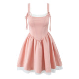 Yeknu  New Pink Splicing White Cute Short Dress Summer Sleeveless Lace-up Waist Princess Puffy Dress Women's Clothing
