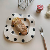 Yeknu Simple Wave Breakfast Plate Black and White Wavy Dot Stripe Irregular Underglaze Color Ceramic Wavy Edge Dessert Plate