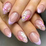 Yeknu  Short Glossy Oval Press-On Nails with French Glitter Tips Spring Flower Designs False Nail Tips for Women&Girls Manicure Look